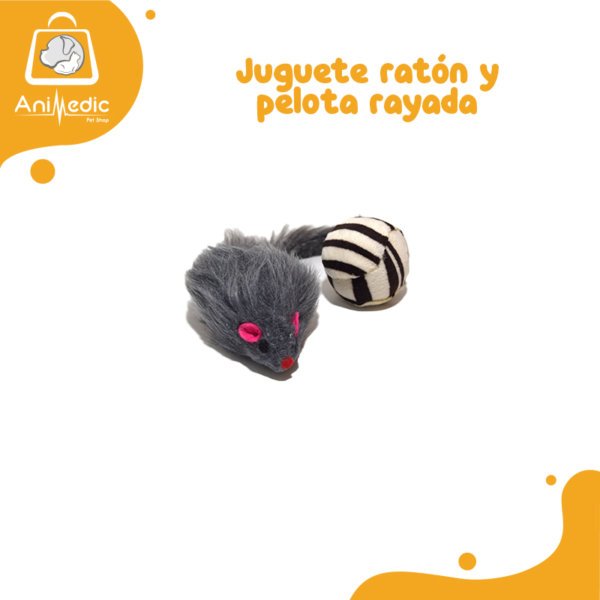 Juguete ratón y pelota rayada